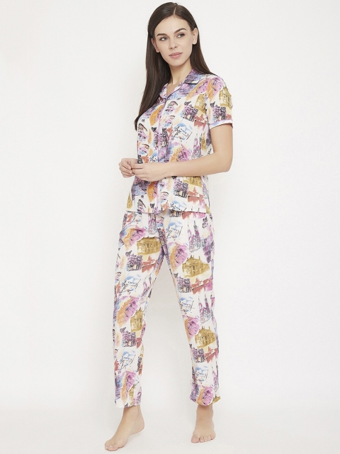 

Clovia Women White & Purple Printed Night Suit