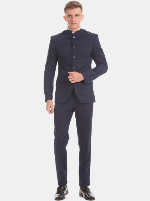

True Blue Men Navy Blue Self Design Slim-Fit Bandhgala Formal Suit