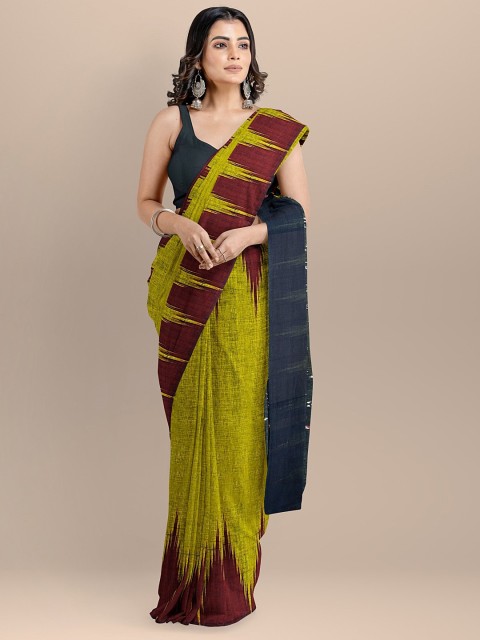 

BharatSthali Yellow Pure Cotton Solid Sambalpuri Saree