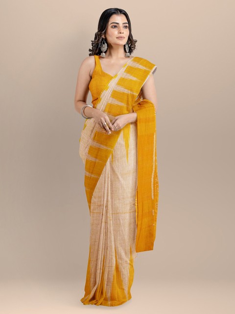 

BharatSthali Beige Pure Cotton Solid Sambalpuri Saree