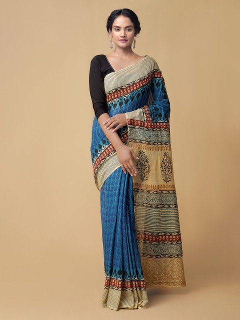 

Unnati Silks Blue Pure Cotton Printed Chanderi Saree