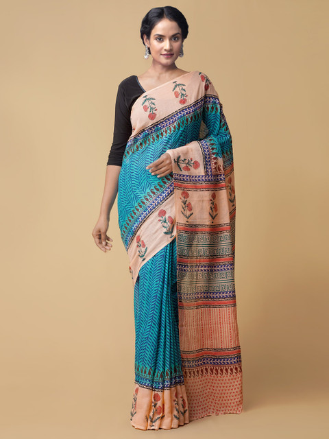 

Unnati Silks Women Blue & Cream-Coloured Pure Hand Block Printed Mulmul Cotton Sustainable Saree