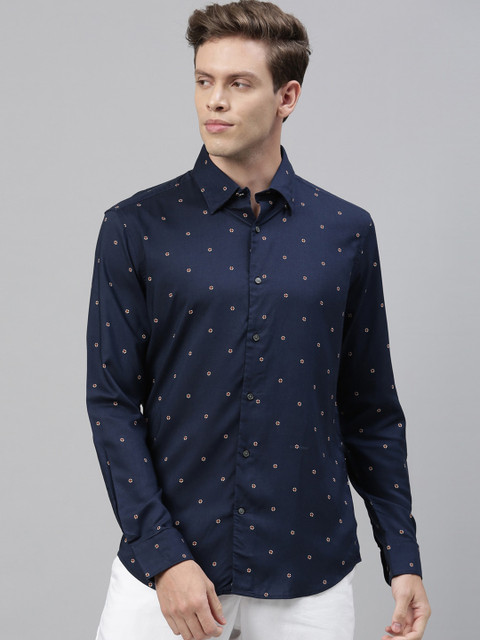 

RARE RABBIT Men Navy Blue Tailored Fit Printed Casual Shirt