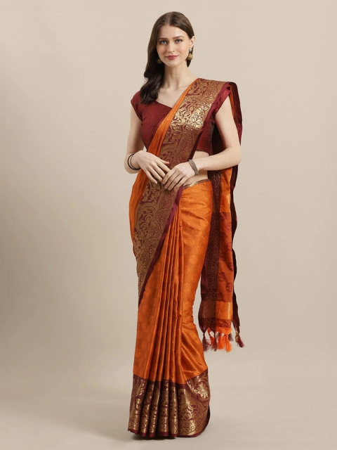 

Mitera Orange Art Silk Woven Design Kanjeevaram Saree With Tassels