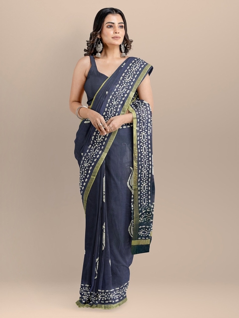 

BharatSthali Navy Blue & White Silk Cotton Printed Venkatgiri Saree