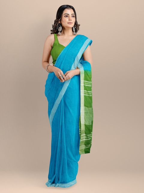 

BharatSthali Blue & Green Pure Cotton Solid Mangalagiri Saree