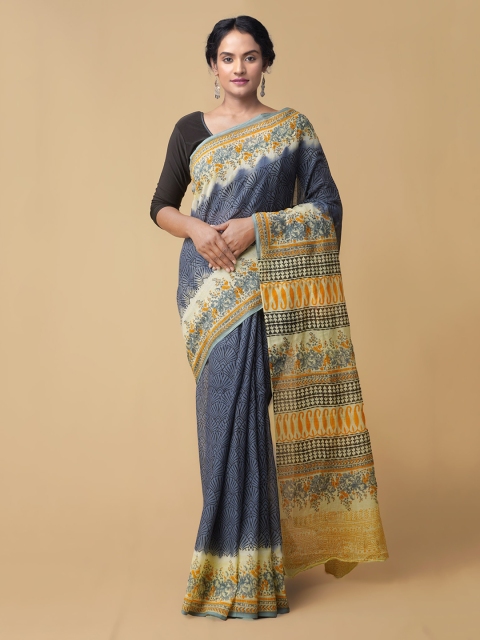 

Unnati Silks Grey & Beige Pure Cotton Printed Chanderi Saree