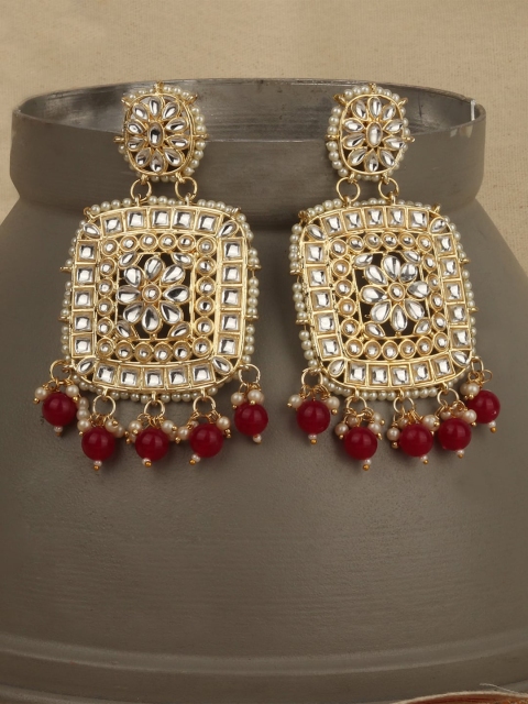 

ANIKAS CREATION Gold-Plated & Maroon Classic Drop Earrings