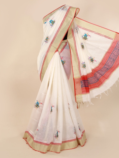 

Pothys White Embroidered Pure Cotton Saree with Jhalar Pallu