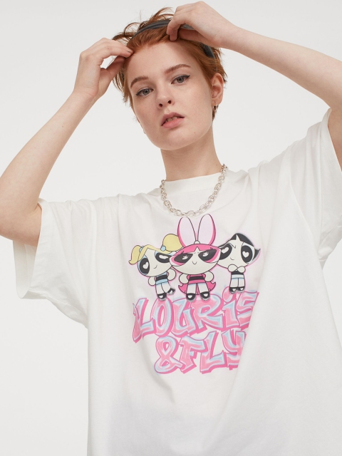

H&M Women White Oversized Printed T-shirt