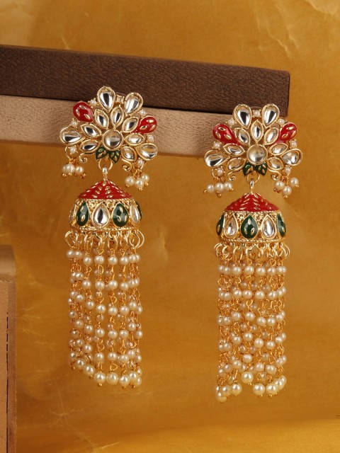 

ANIKAS CREATION Gold-Plated Pearl Contemporary Jhumkas