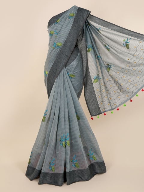 

Pothys Grey Embroidered Pure Cotton Saree with Jhalar Pallu