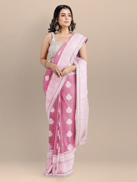 

BharatSthali Pink & White Silk Cotton Woven Design Banarasi Saree