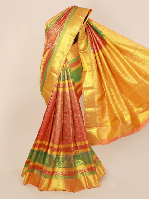 

Pothys Pink & Gold-Toned Pure Silk Woven Design Kanjeevaram Saree with Zari Border