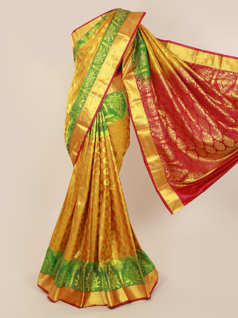 

Pothys Mustard & Gold-Toned Pure Silk Woven Design Kanjeevaram Saree with Zari Border
