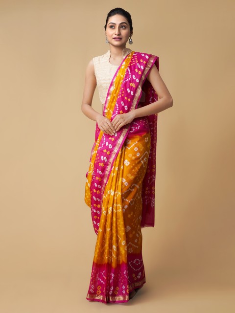 

Unnati Silks Yellow & Pink Pure Silk Dyed Bandhani Saree