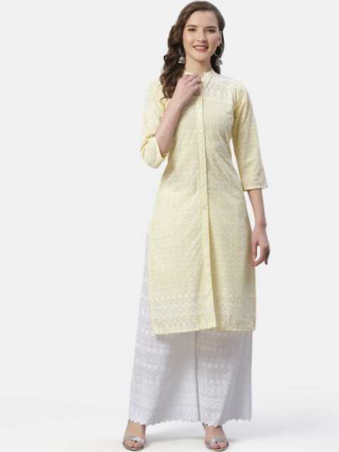 

Jompers Women Yellow & White Embellished Straight Kurta