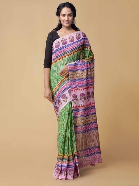 

Unnati Silks Green Pure Cotton Printed Block Print Saree