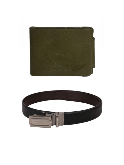 

CHRISTOPOLO Men Black & Olive Green Solid Belt With Wallet