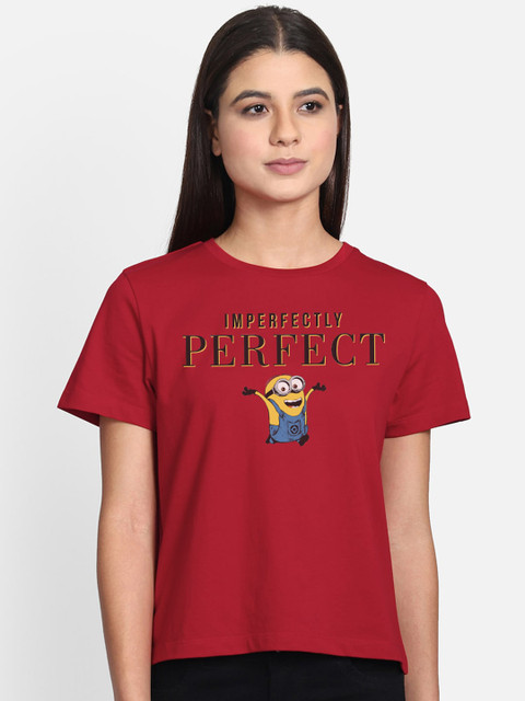 

Free Authority Women Red & Black Minions Printed Round Neck T-shirt