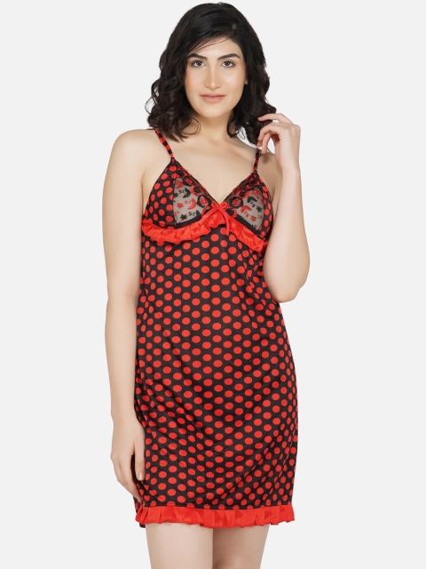 

PHWOAR Women Black & Red Polka Dots Print Babydoll Nightdress 1062_Black_Red