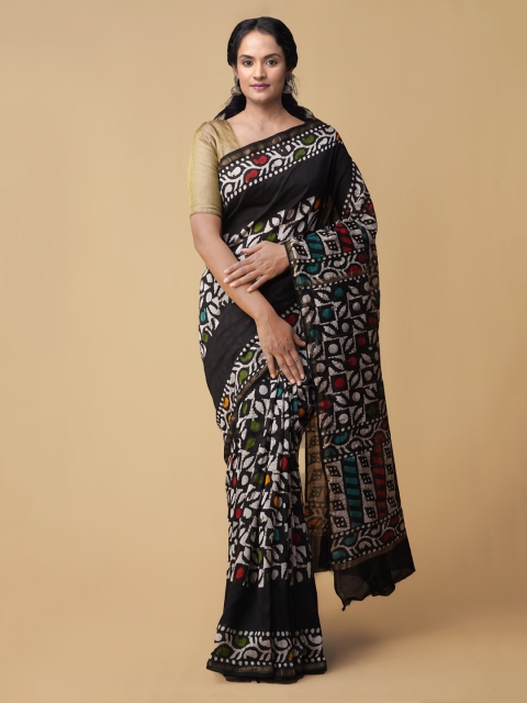 

Unnati Silks Black Silk Cotton Batik Printed Chanderi Saree