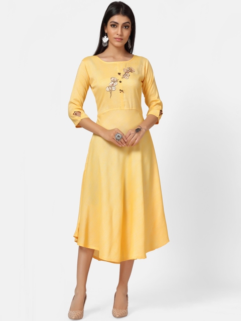 

Kiana Women Yellow Embroidered A-Line Dress
