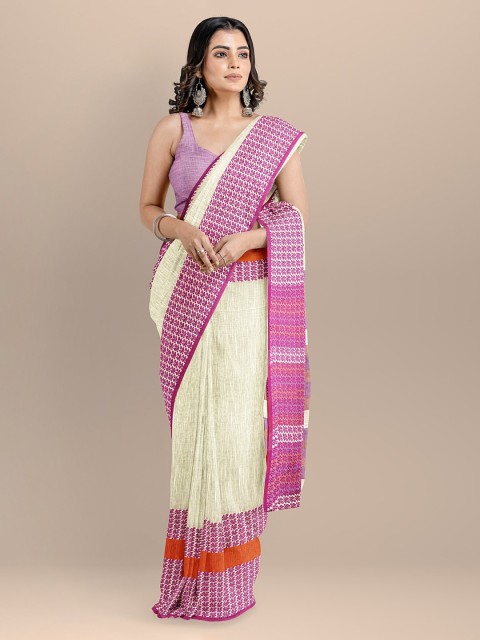

BharatSthali Cream-Coloured & Pink Pure Cotton Woven Design Sambalpuri Handloom Saree