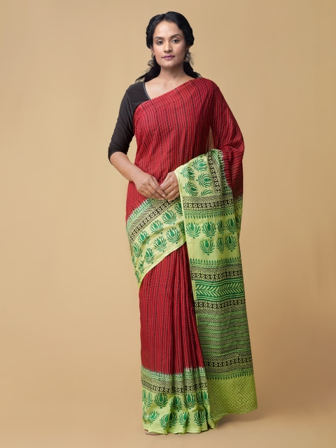

Unnati Silks Red & Green Pure Cotton Hand Block Printed Chanderi Saree