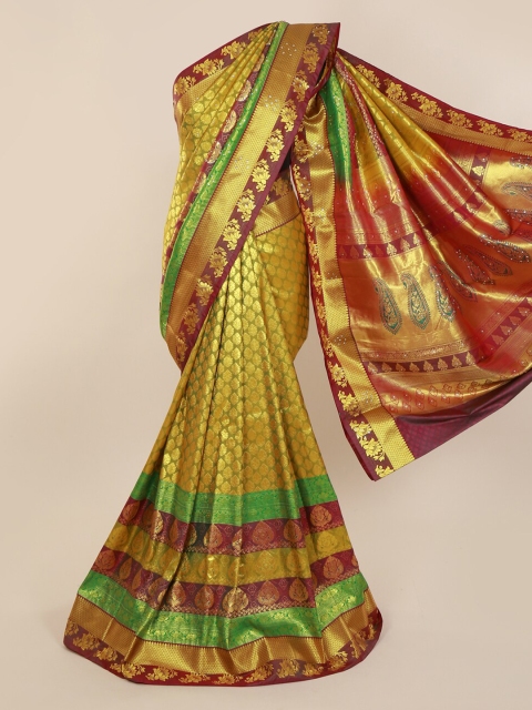 

Pothys Green & Gold-Toned Pure Silk Woven Design Kanjeevaram Saree with Zari Border