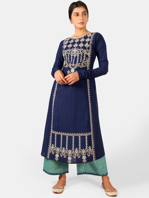 

Mesmora Women Navy Blue Embroidered Kurta Set with Palazzos