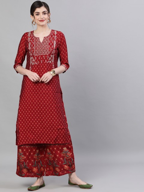 

Ishin Women Maroon Printed Kurta with Palazzos
