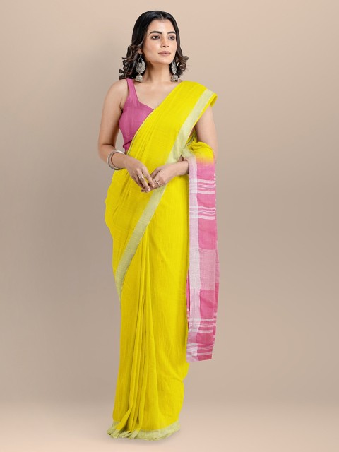 

BharatSthali Yellow Pure Cotton Solid Mangalagiri Saree