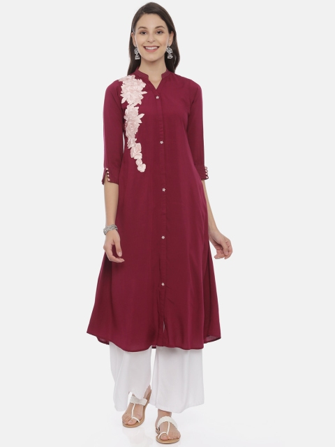 

Neerus Women Burgundy Embroidered A-Line Kurta