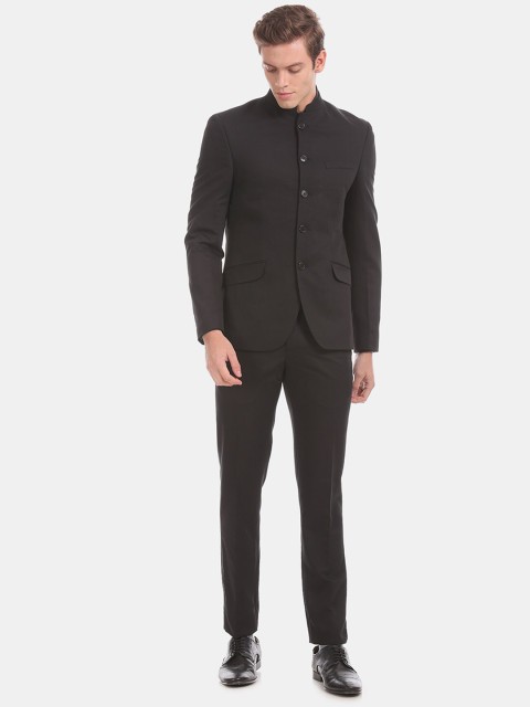 

True Blue Men Black Self Design Slim-Fit Bandhgala Formal Suit