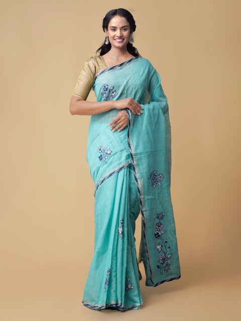 

Unnati Silks Sea Green Pure Linen Embroidered Jamdani Saree