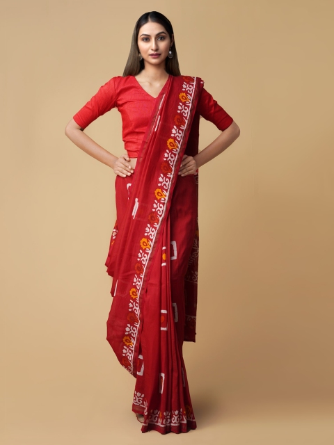 

Unnati Silks Red Silk Cotton Printed Chanderi Saree