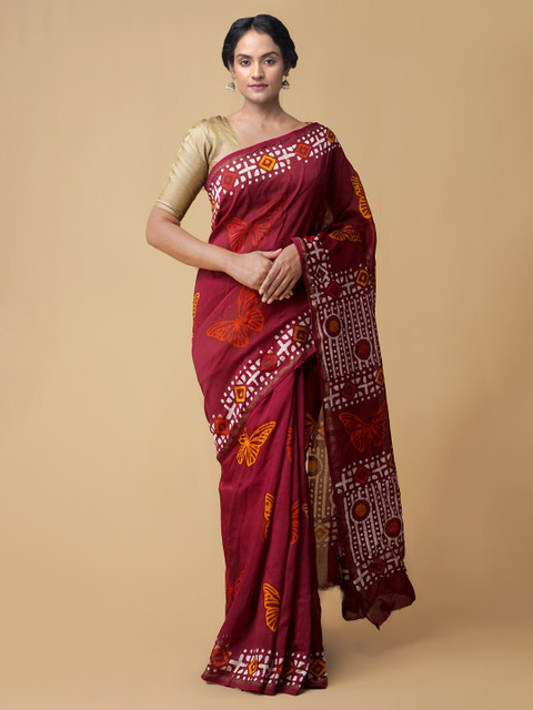 

Unnati Silks Women Maroon Pure Batik Printed Chanderi Sico Sustainable Saree
