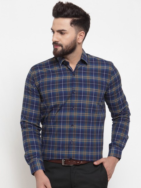 

JAINISH Men Navy Blue Regular Fit Checked Cotton Formal Shirt