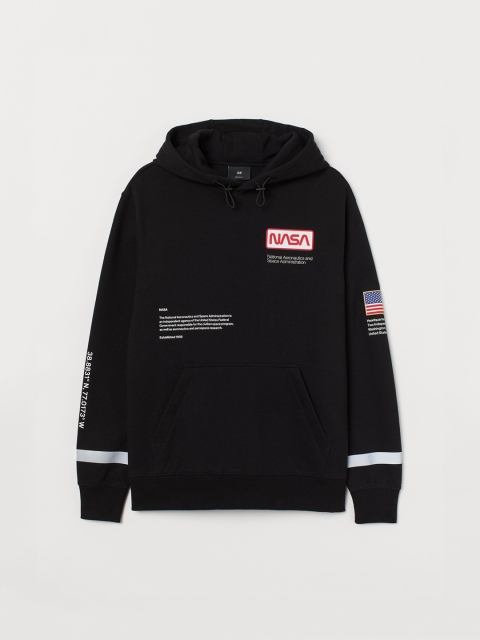 

H&M Men Black & White Printed Reflective Hoodie