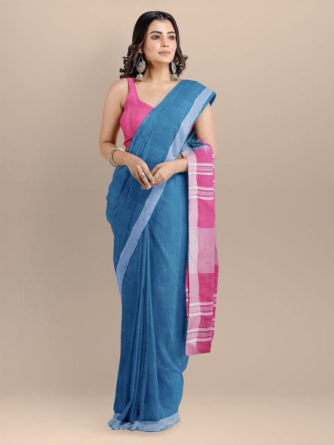 

BharatSthali Blue & Pink Pure Cotton Solid Mangalagiri Saree