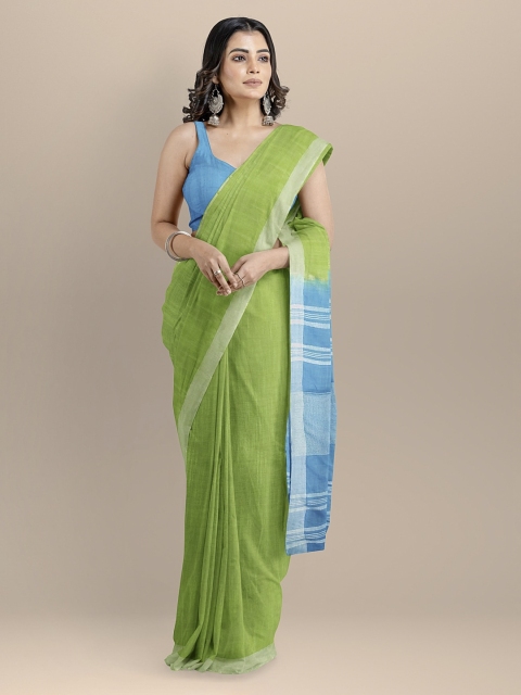 

BharatSthali Green & Blue Pure Cotton Solid Mangalagiri Saree
