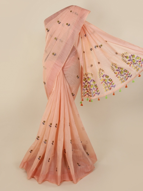 

Pothys Peach-Coloured Embroidered Pure Cotton Saree with Jhalar Pallu