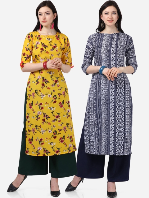 

Florence Women Navy Blue & Yellow Checked A-Line Kurta