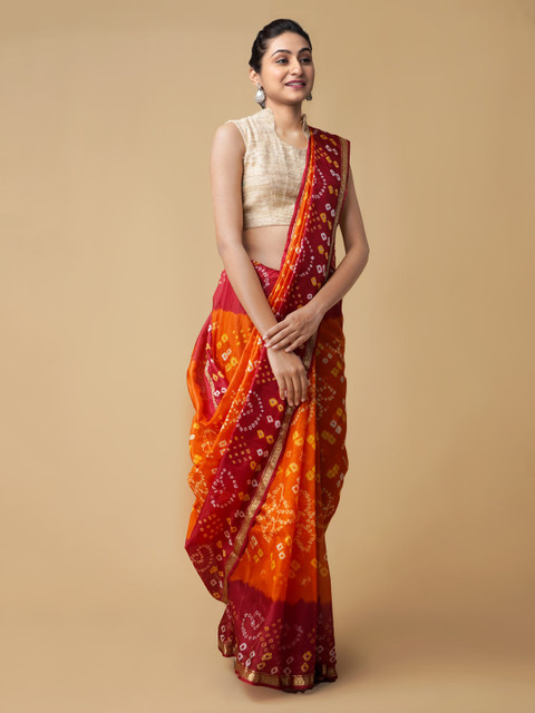 

Unnati Silks Orange & Red Pure Silk Printed Bandhani Saree