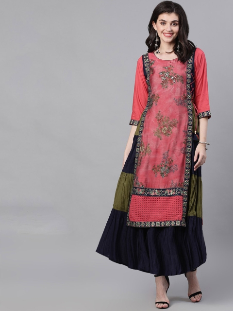 

Ishin Women Pink Embroidered Layered Maxi Dress
