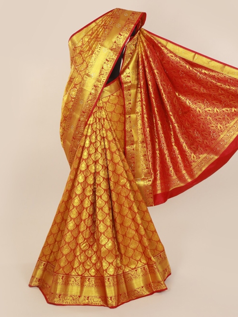 

Pothys Mustard Pure Silk Woven Design Kanjeevaram Saree with Zari Border