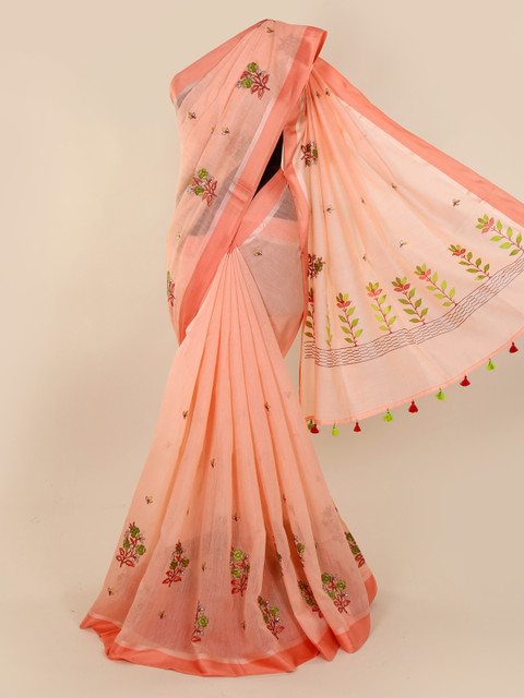 

Pothys Peach-Coloured Embroidered Pure Cotton Saree with Jhalar Pallu