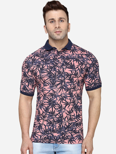 

JADE BLUE Men Pink & Navy Blue Printed Cotton Polo Collar T-shirt