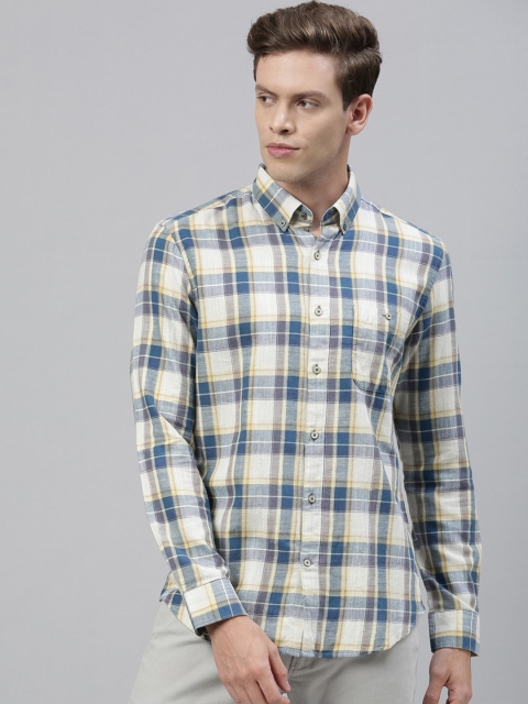 

RARE RABBIT Men Yellow & Blue Tailored Fit Checked Casual Shirt